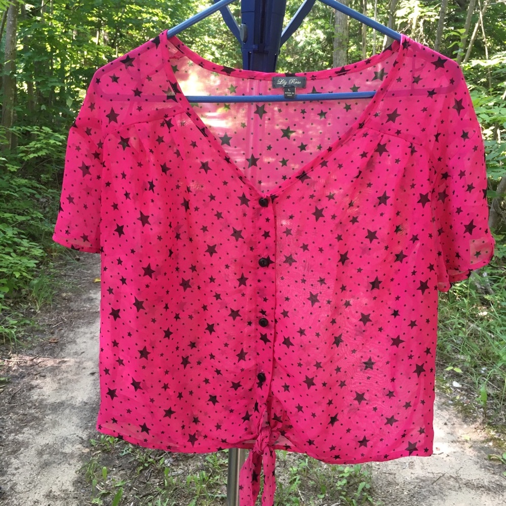 Juniors Sheer button down belly blouse